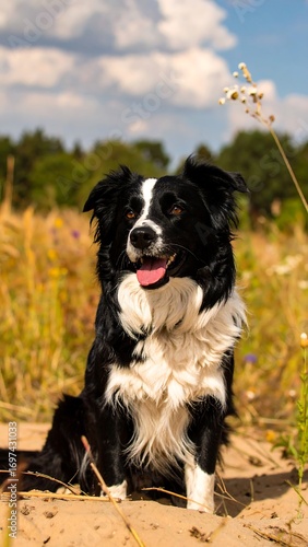 A captivating border collie, seated amidst a field of wildflowers, displays its joyful expression under a partly cloudy sky.