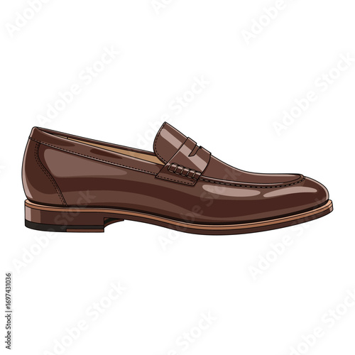 A single brown polished leather penny loafer shoe, showcasing classic men's footwear style and elegant design.