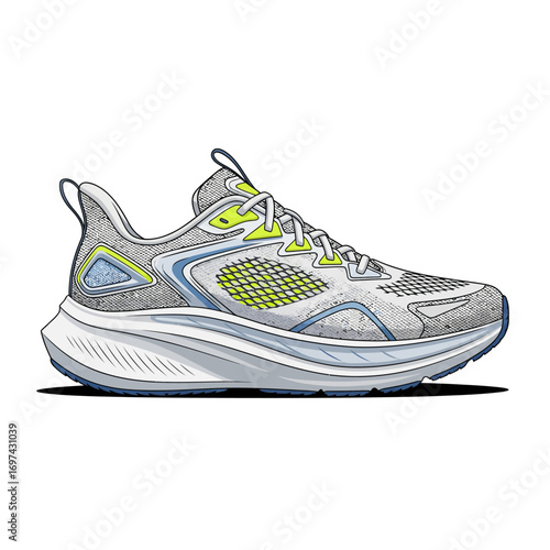 Grey and light blue running shoe design with yellow accents.