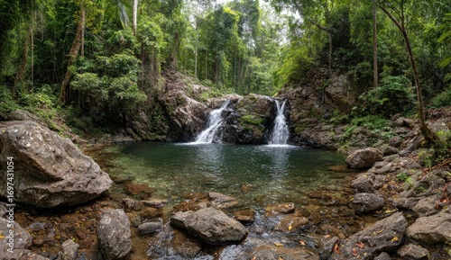 Lush waterfall cascading into a tranquil pool amidst a dense jungle