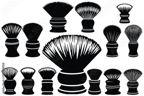 Collection of black shaving brushes on white background