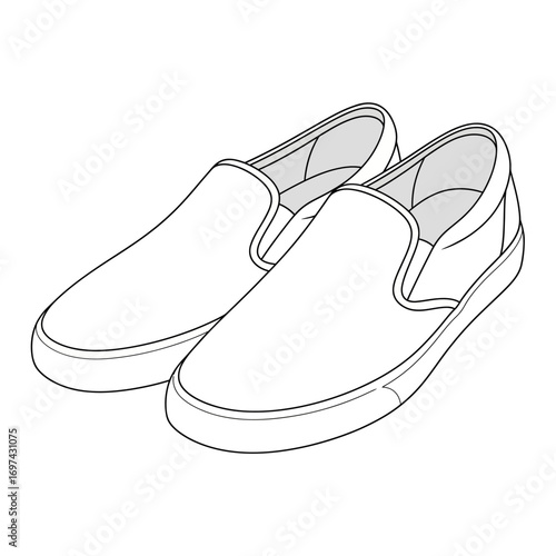 A detailed black and white line drawing of a pair of classic slip-on canvas sneakers.