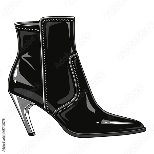 Illustration of a black patent leather ankle boot with a silver heel.