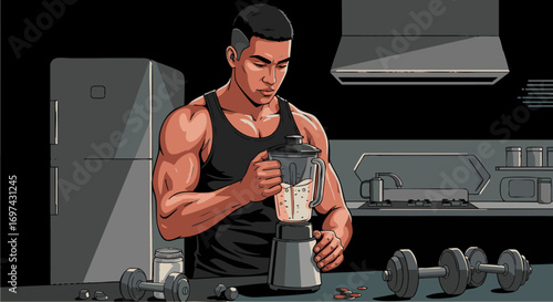 Muscular athlete making a healthy protein shake in a modern kitchen after a workout. Fitness lifestyle and nutrition vector illustration