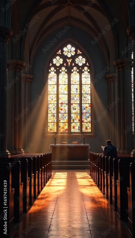 Fototapeta premium Serene interior of a church, bathed in soft light during a prayer service Peaceful atmosphere, stained glass, quiet contemplation, spiritual sanctuary , god, hope, devotion