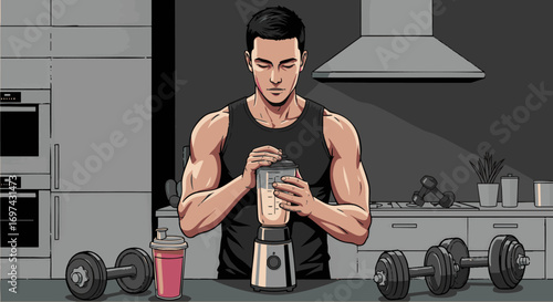 Athletic man preparing a healthy protein shake in a blender at home, a concept for fitness and nutritional lifestyle illustration