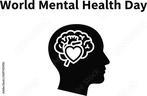 World mental health day with brain and heart in head silhouette awareness and support concept