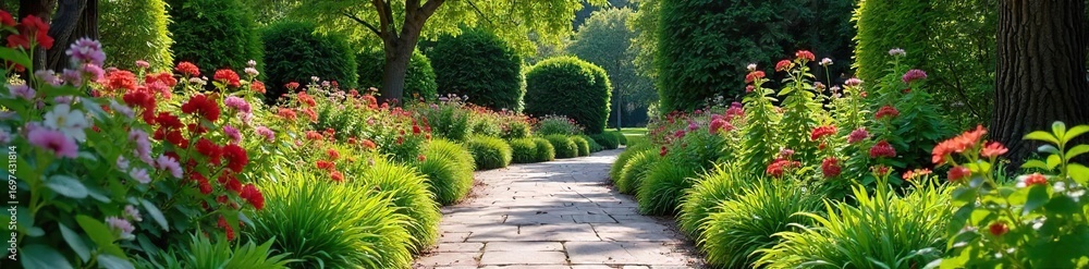 Obraz premium Serene pathway meanders through lush, vibrant garden beds overflowing with colorful blooms and fragrant herbs, leading to a tranquil seating area , landscaping, bees