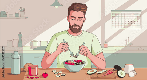 Man enjoying a healthy salad with various ingredients on a kitchen counter, promoting wellness