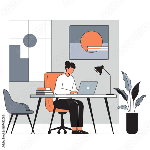 Female Remote Worker in Modern Minimalist Office
