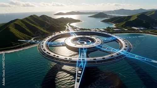 Futuristic ocean research station with glowing energy beams and island coastline view