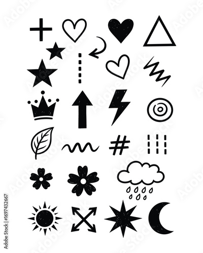 Hand Drawn Black Icons Collection Set, Simple Graphic Elements, Vector Illustration