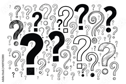 Hand Drawn Question Marks Pattern, Black And White, Doubt Concept Vector Illustration