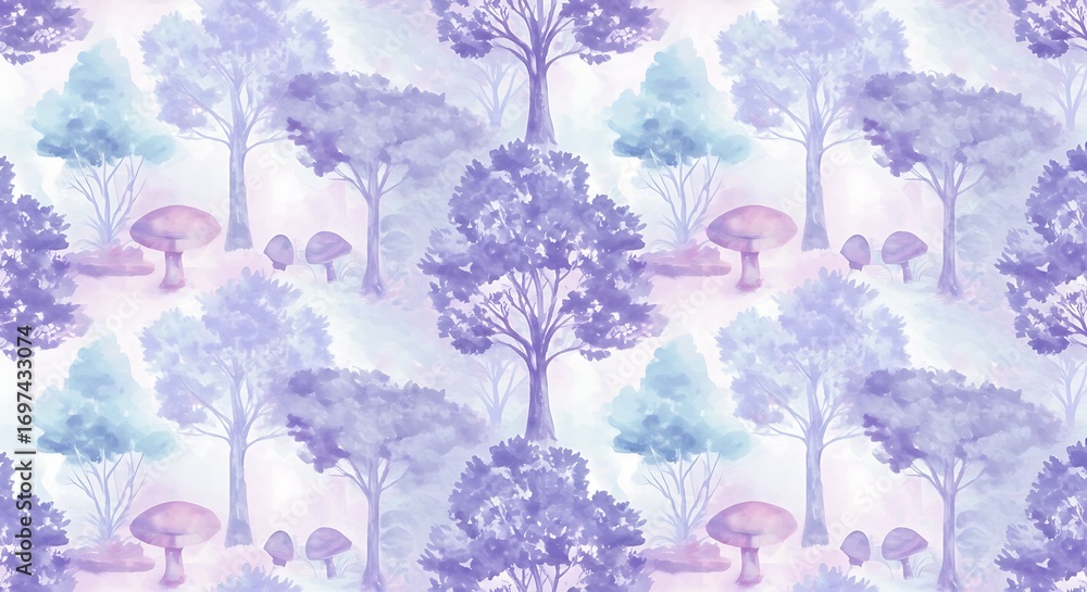 Pastel trees and mushrooms seamless pattern Pastel trees and mushrooms seamless pattern