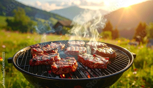 Fototapeta Naklejka Na Ścianę i Meble -  Grilled steaks on a barbecue in a scenic meadow at sunset