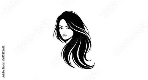 A stylized black and white illustration of a womans face with flowing hair, isolated on a transparent background