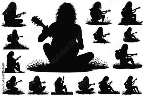 Woman playing guitar in various seated poses silhouette