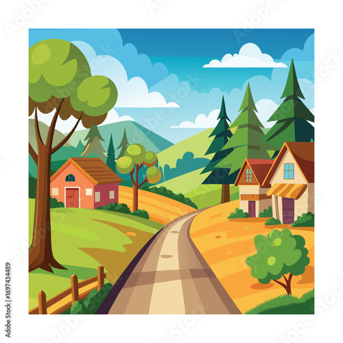 Cartoon Rural Village Road With Trees