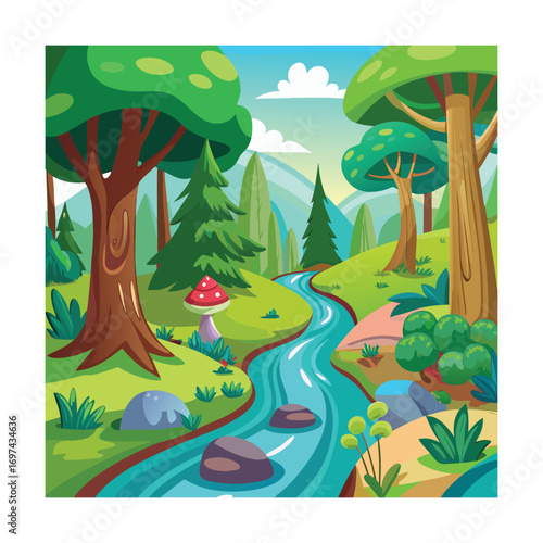 Cartoon Stream Running Through Forest
