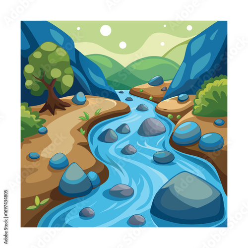 Cartoon Water Stream With Pebbles