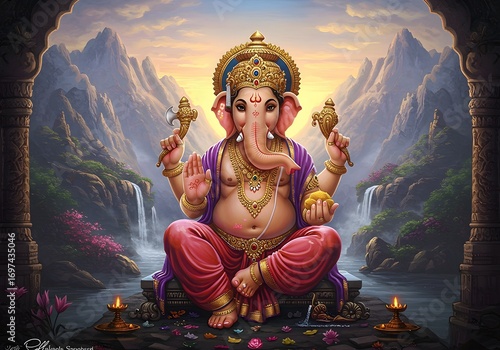 Colorful Lord Ganesha Statue Sitting in Mountain Landscape Scene