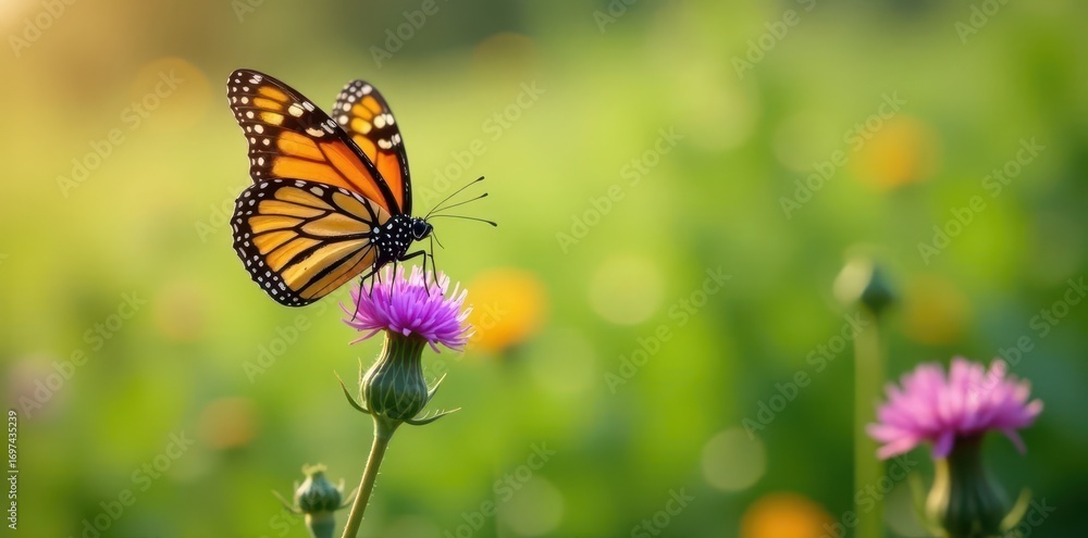 Naklejka premium A monarch butterfly with orange wings delicately perched on a purple thistle in a verdant summer field , fauna, colorful