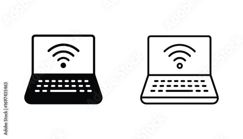 Laptop with Wireless Internet Connection Symbol Black and White Vector Illustration