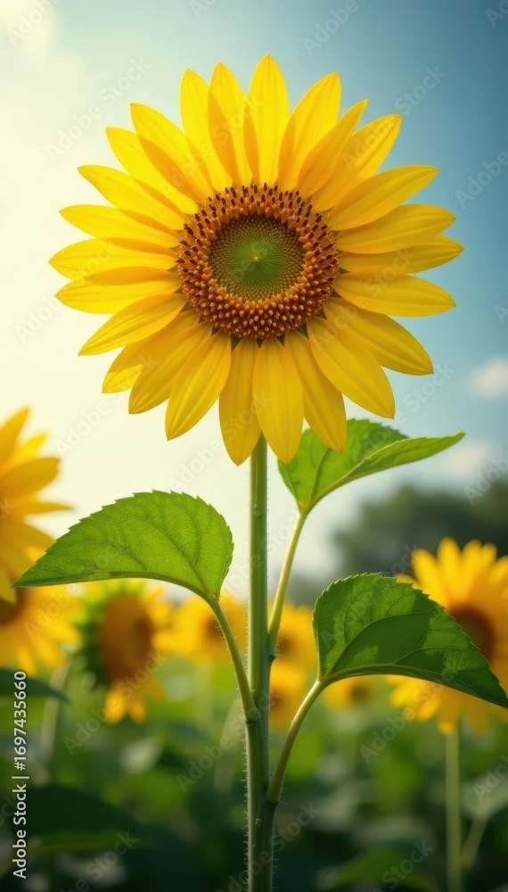 Fototapeta premium Majestic sunflower, towering stem, intense yellow hue, soft focus background, blossom, detail, petal