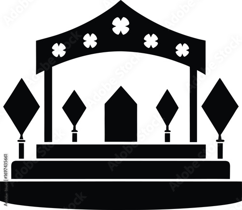 Black vector illustration of a gazebo with flowers and decorative posts