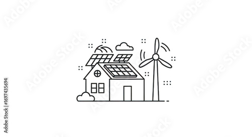 A simple line drawing depicts a house with solar panels on its roof and a wind turbine nearby, symbolizing renewable energy isolated on transparent background