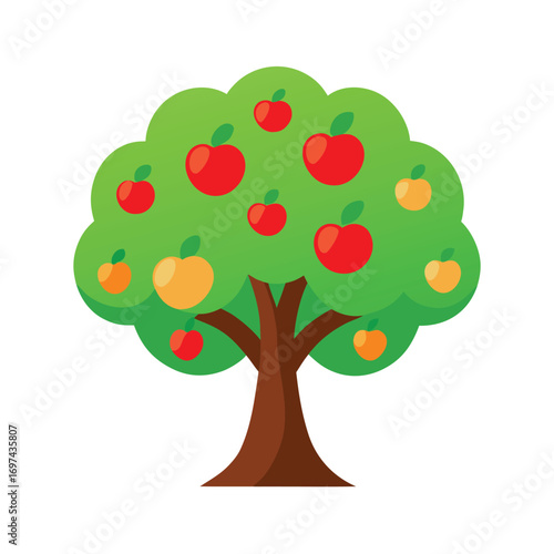 Cartoon Apple Tree with Bright Fruits Illustration