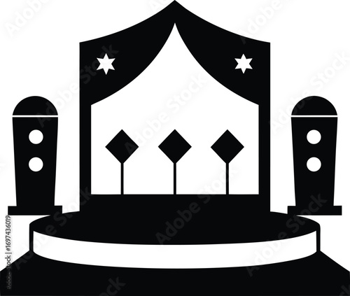Vector illustration of a black and white stage with curtains and microphones