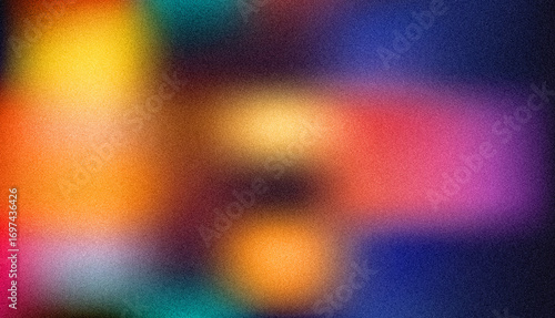 Abstract Colorful Blurred Background with Noise Texture:  Warm and Cool Tones, Gradient Effect, Digital Art,  Bokeh Lights,  Grainy Film Noise.