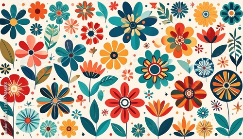 Vibrant Retro Folk Art Garden with Teal and Orange Flowers.