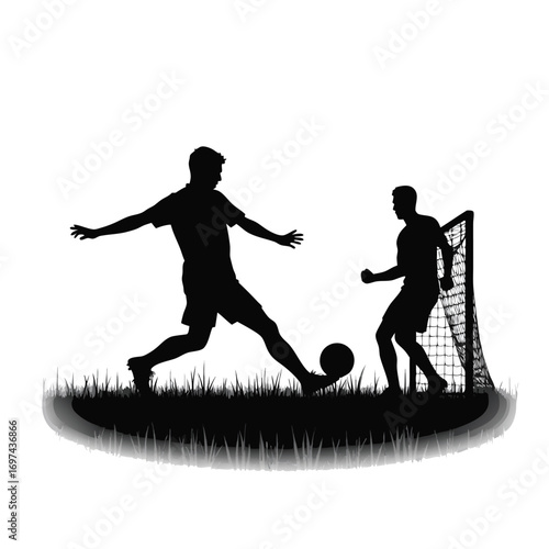 Dynamic silhouette of soccer players in action on grass Keywords: soccer, football, player