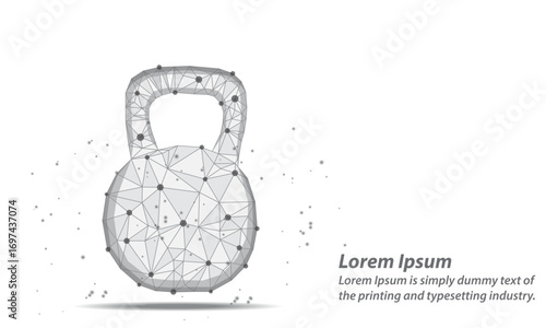 Futuristic digital kettlebell made of glowing blue polygonal lines and dots.Low poly wireframe kettlebell illustration on a white background. Ideal for fitness, vector illustration.