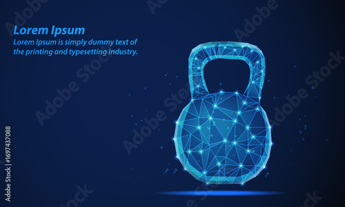 Futuristic digital kettlebell made of glowing blue polygonal lines and dots.Low poly wireframe kettlebell illustration on a dark blue background. Ideal for fitness, vector illustration.