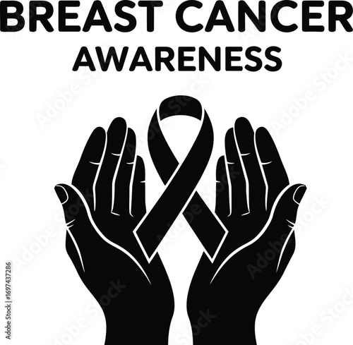 Breast cancer awareness ribbon held by hands to support and show solidarity with patients