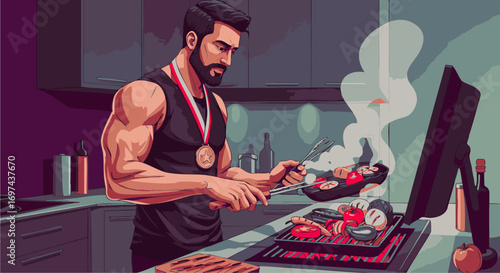 Fit man with a medal proudly grilling fresh, healthy vegetables and lean protein in a stylish kitchen, promoting a balanced and active lifestyle through nutritious home cooking