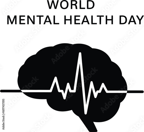 World mental health day with brain and heartbeat awareness and support concept illustration