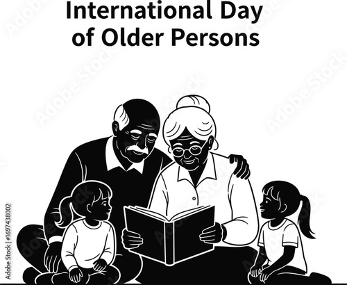 Grandparents reading a book to their granddaughters for international day of older persons