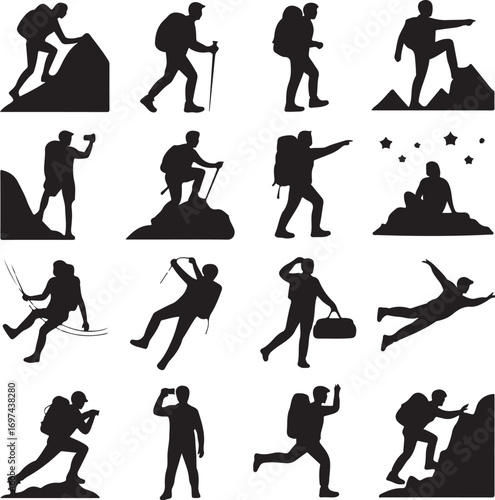 Silhouette Collection of Hikers and Adventurers in Action Keywords: hiker, silhouette, climbing