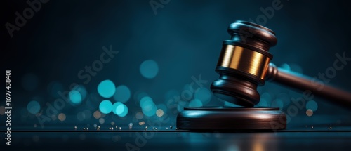 A wooden judge’s gavel rests on a sound block against a dark, blurred background with blue bokeh lights