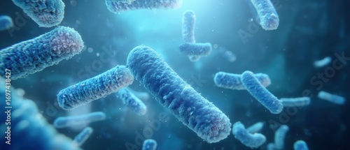 Blue rod-shaped bacteria floating in a microscopic environment, illuminated by a cool blue light