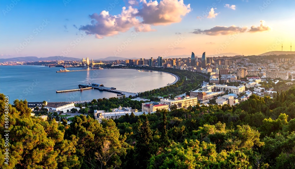 Fototapeta premium Panoramic cityscape at sunset over a bay