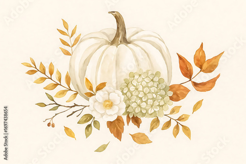 Beautiful fall white pumpkin arrangement. Pastel pumpkin decor with dry leaves, flowers, and tree branches. Autumn watercolor illustration
