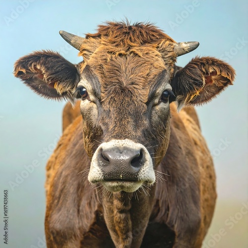 Close-up portrait of a brown cow with expressive eyes, set against a soft, light-blue background.