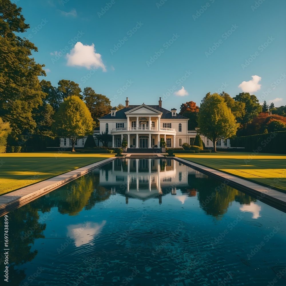 Obraz premium This is a description of a beautiful estate characterized by a large pool and abundant surrounding trees.