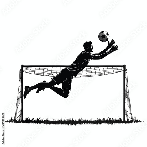 Goalkeeper Diving to Catch Soccer Ball Silhouette Keywords: soccer, football, game, sport, goal
