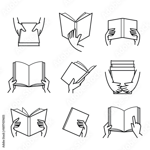 A set of hand drawn outlines of hands holding books. Vector illustration for learning, reading, or knowledge concept, isolated on a white background.